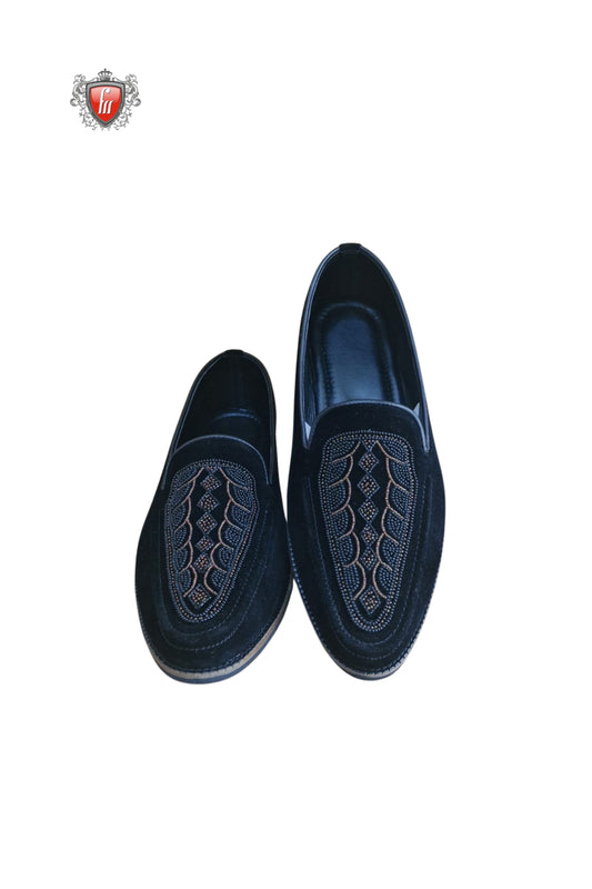Men’s Black Velvet Jutti with Intricate Geometric Embroidery