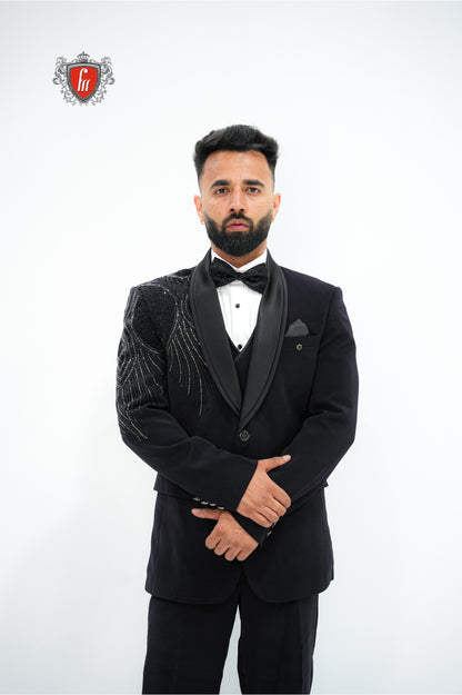 Men’s Black Tuxedo 3-Piece with Bold Bead-Worked Shoulder – Luxury Formalwear