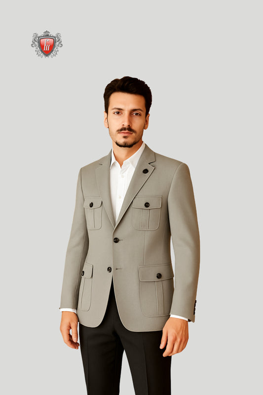 Men’s Light Grey Utility Pocket Blazer – Modern Elegance with Functional Detailing