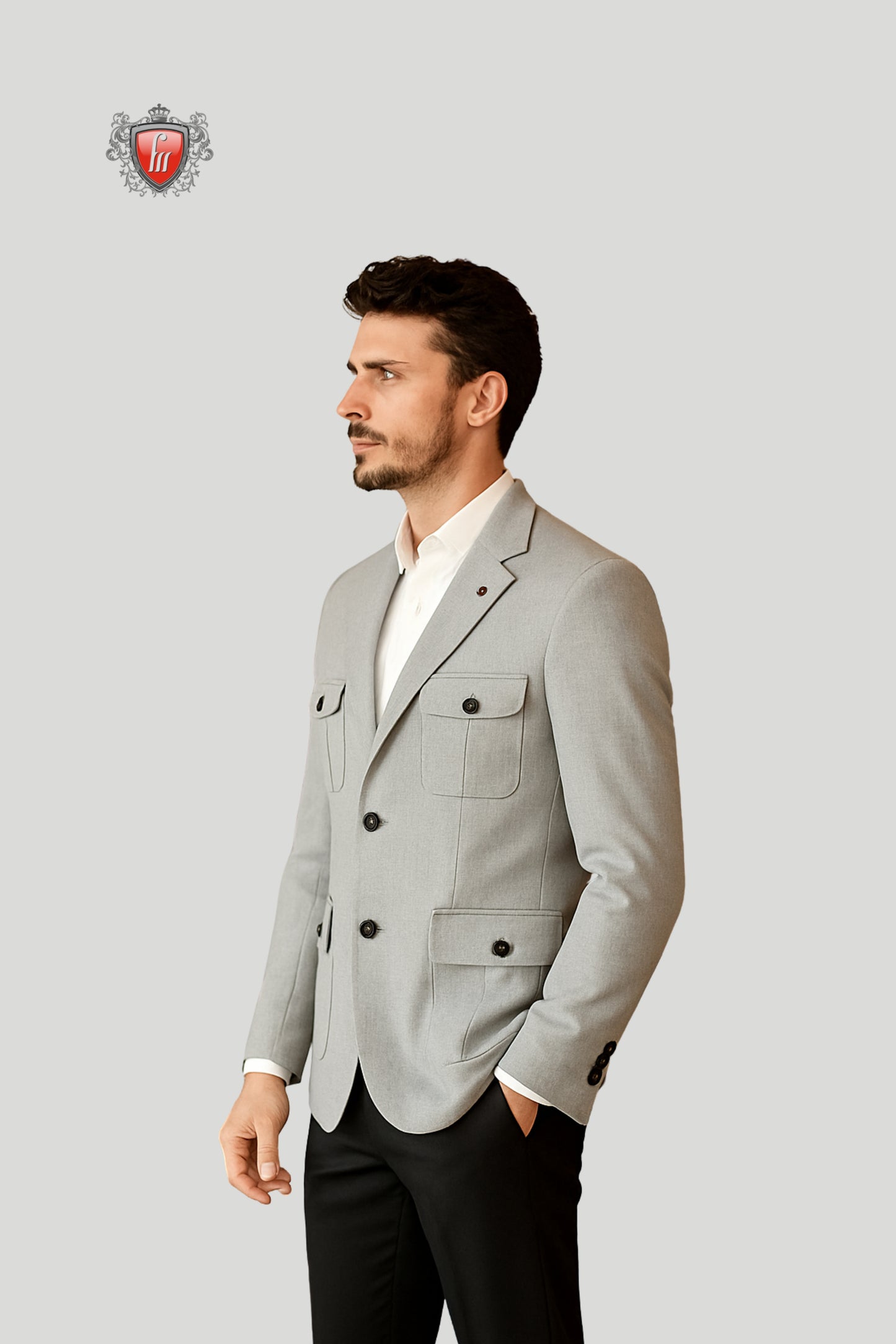 Men’s Light Grey Utility Pocket Blazer – Modern Elegance with Functional Detailing