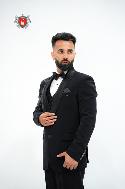 Men’s Black Tuxedo 3-Piece with Bold Bead-Worked Shoulder – Luxury Formalwear