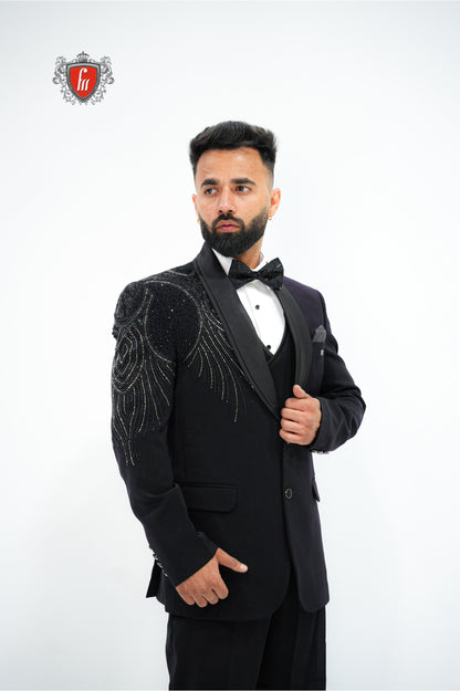 Men’s Black Tuxedo 3-Piece with Bold Bead-Worked Shoulder – Luxury Formalwear