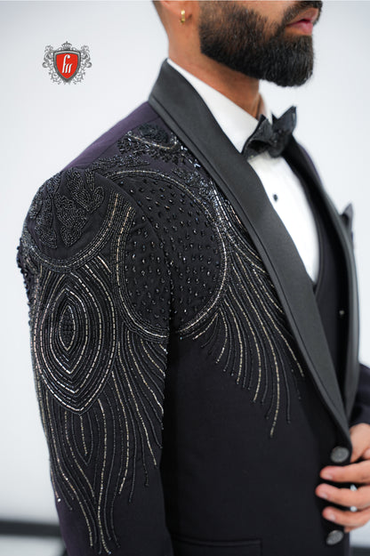 Men’s Black Tuxedo 3-Piece with Bold Bead-Worked Shoulder – Luxury Formalwear