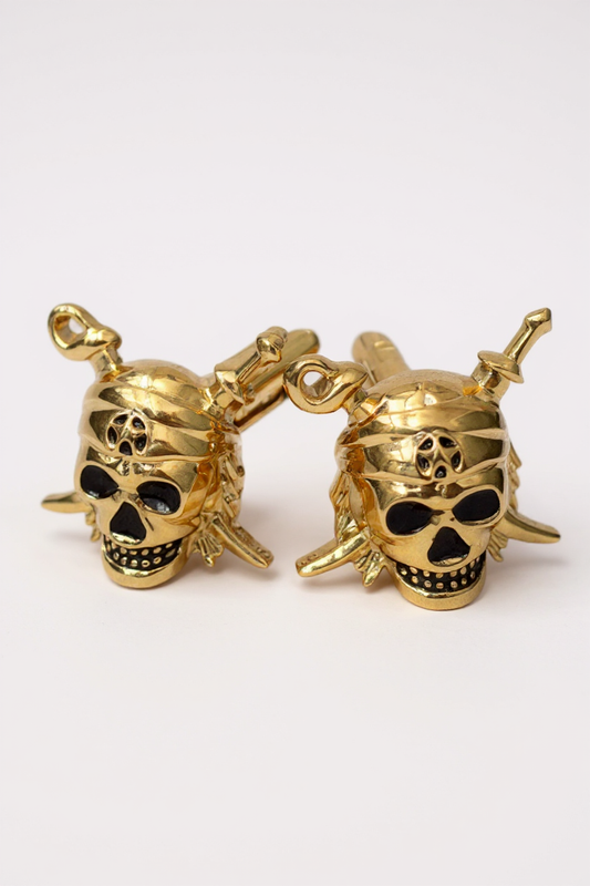 Gold Pirate Skull Cufflinks with Black Enamel Details