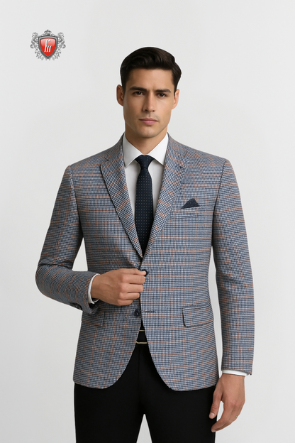 Men’s Sky Rust Slim Fit Check Blazer Contemporary Office & Event Style
