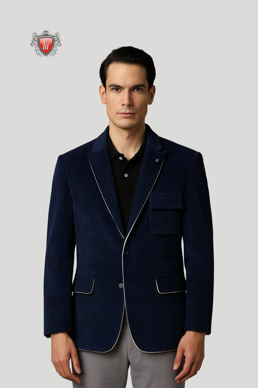 Men’s Navy Blue Corduroy Blazer with Contrast Piping – Refined Smart Casual