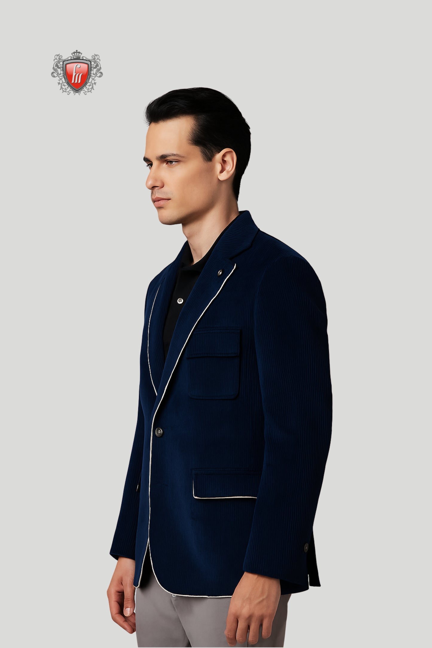 Men’s Navy Blue Corduroy Blazer with Contrast Piping – Refined Smart Casual