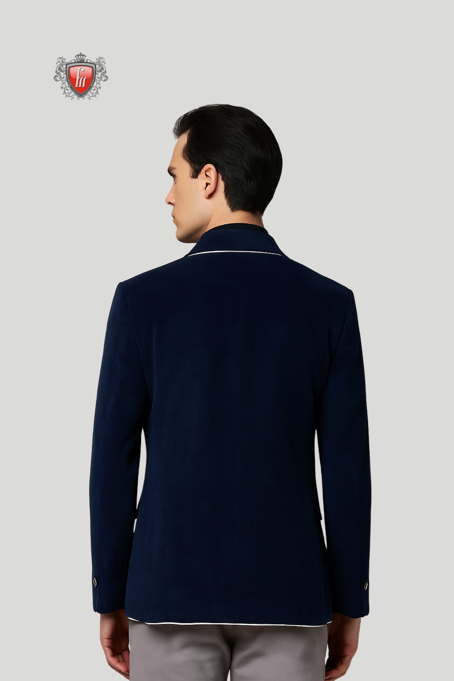 Men’s Navy Blue Corduroy Blazer with Contrast Piping – Refined Smart Casual
