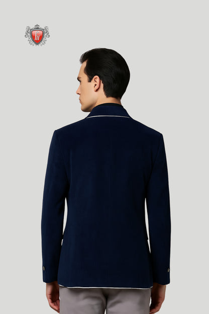 Men’s Navy Blue Corduroy Blazer with Contrast Piping – Refined Smart Casual