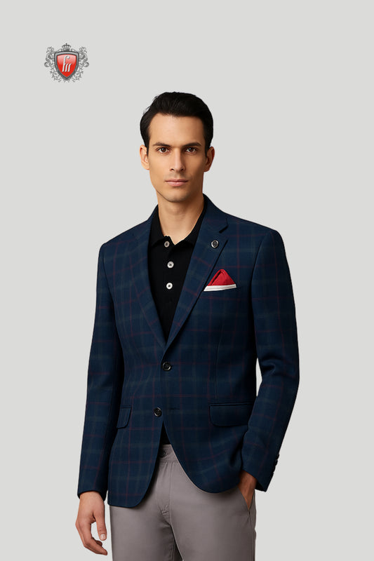 Men’s Navy Blue Checked Blazer with Red Pocket Square – Modern Formal Elegance