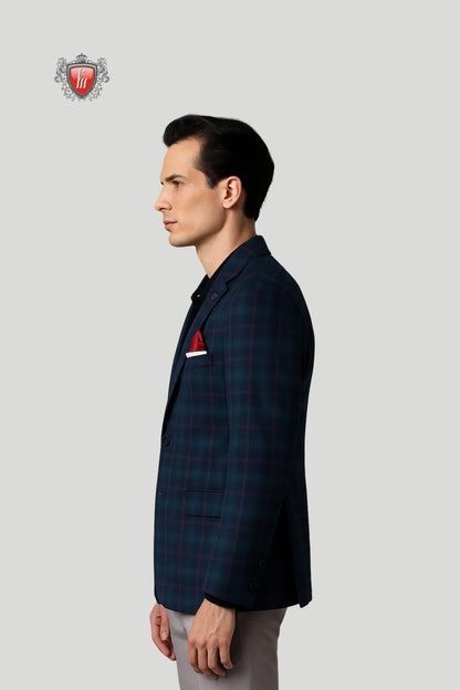 Men’s Navy Blue Checked Blazer with Red Pocket Square – Modern Formal Elegance