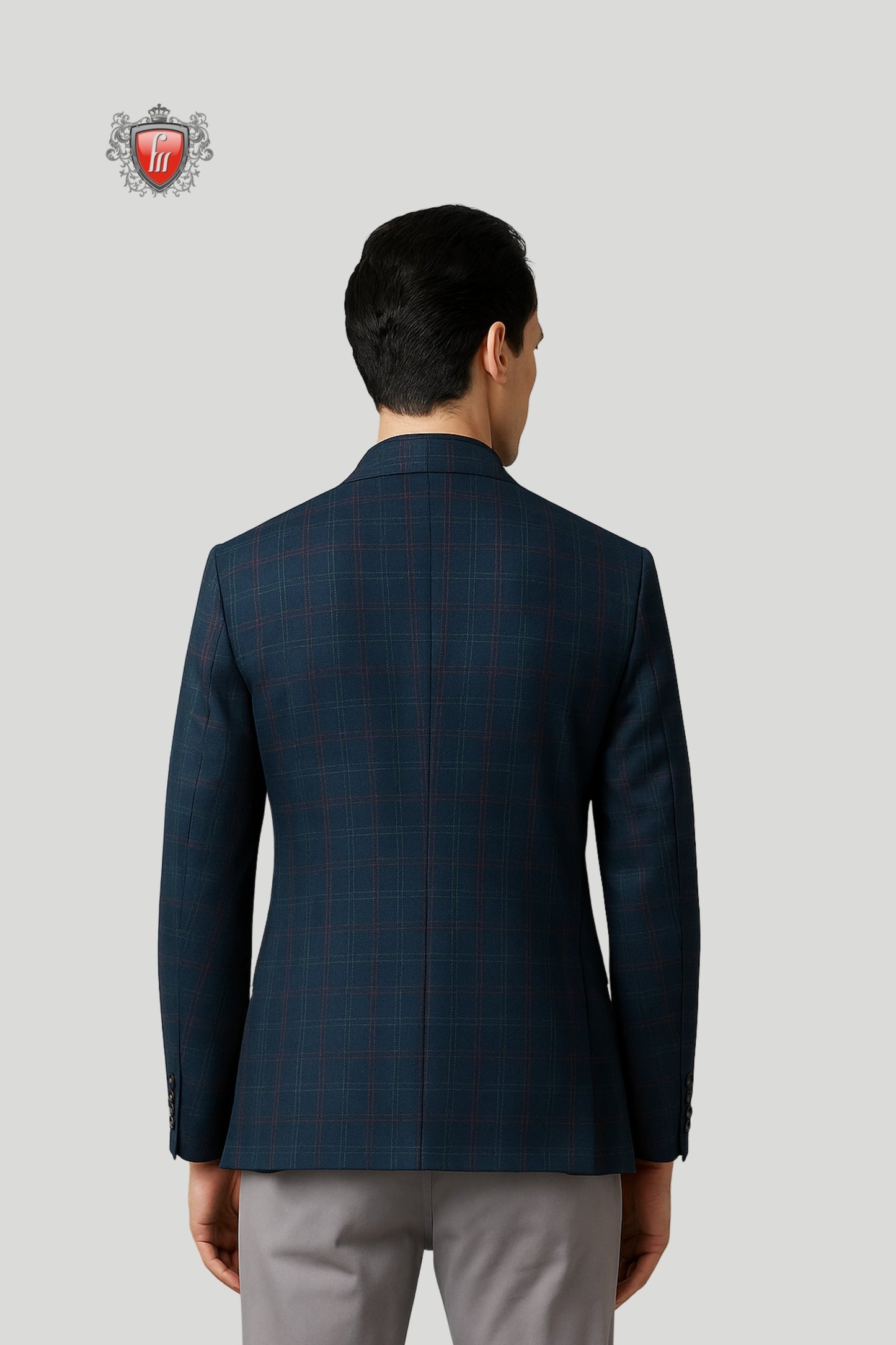 Men’s Navy Blue Checked Blazer with Red Pocket Square – Modern Formal Elegance