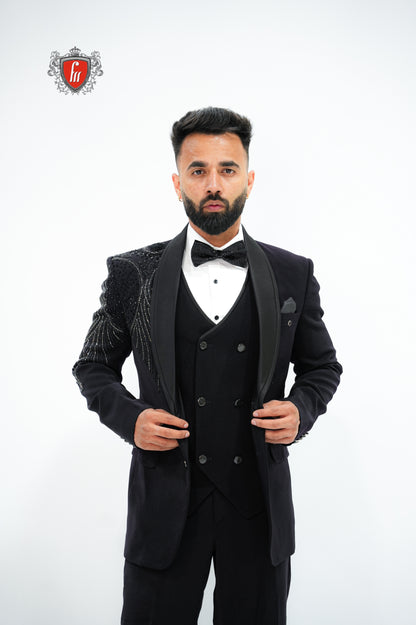 Men’s Black Tuxedo 3-Piece with Bold Bead-Worked Shoulder – Luxury Formalwear