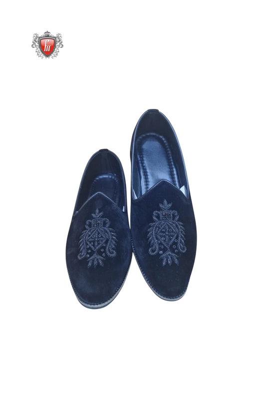 Navy Blue Velvet Jutti with Royal Crest Embroidery