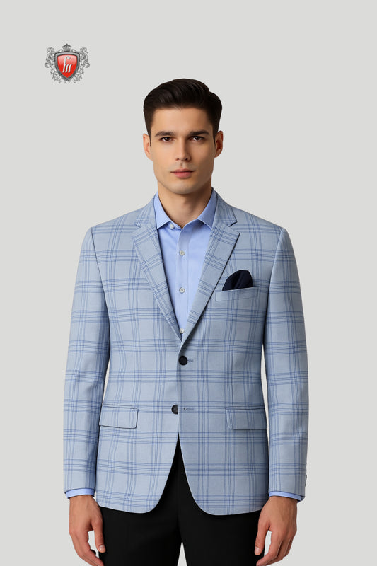 Men’s Light Blue Checked Blazer – Refined Style with Modern Plaid Detailing