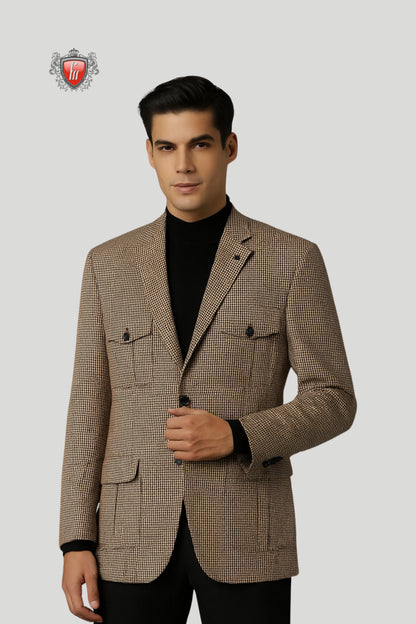Men’s Brown Checkered Blazer – Refined Checks with Contemporary Detailing