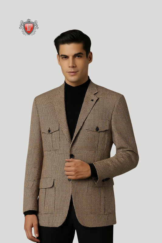 Men’s Brown Checkered Blazer – Refined Checks with Contemporary Detailing