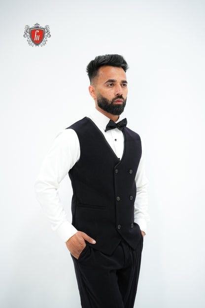 Men’s Black Tuxedo 3-Piece with Bold Bead-Worked Shoulder – Luxury Formalwear