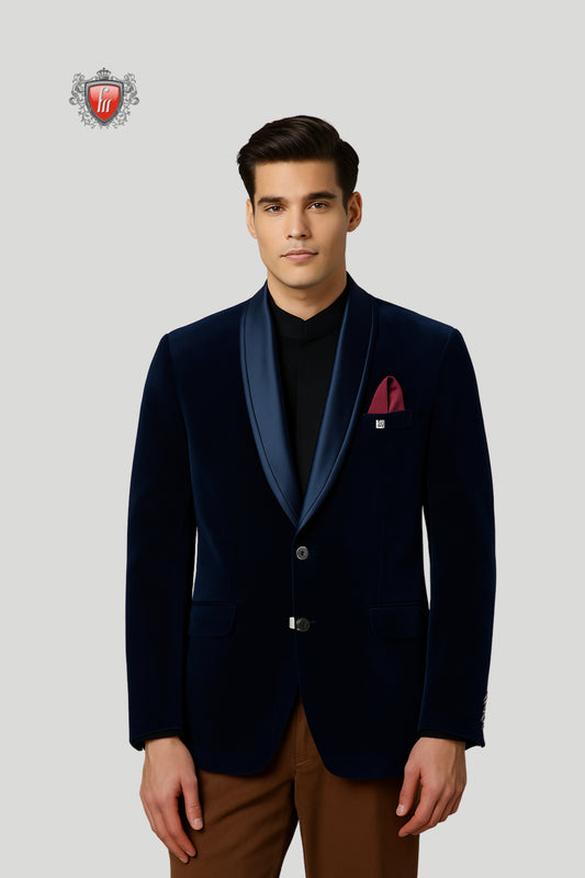 Men’s Navy Blue Velvet Blazer – Luxurious Eveningwear with Satin Lapels