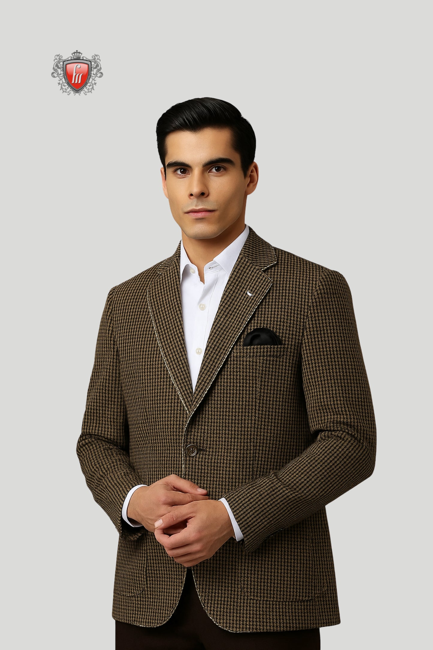 Men’s Brown Houndstooth Blazer – Classic Check Pattern with Modern Detailing
