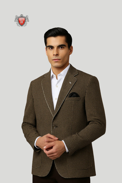 Men’s Brown Houndstooth Blazer – Classic Check Pattern with Modern Detailing