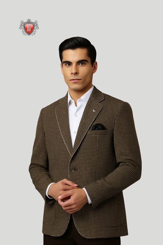 Men’s Brown Houndstooth Blazer – Classic Check Pattern with Modern Detailing