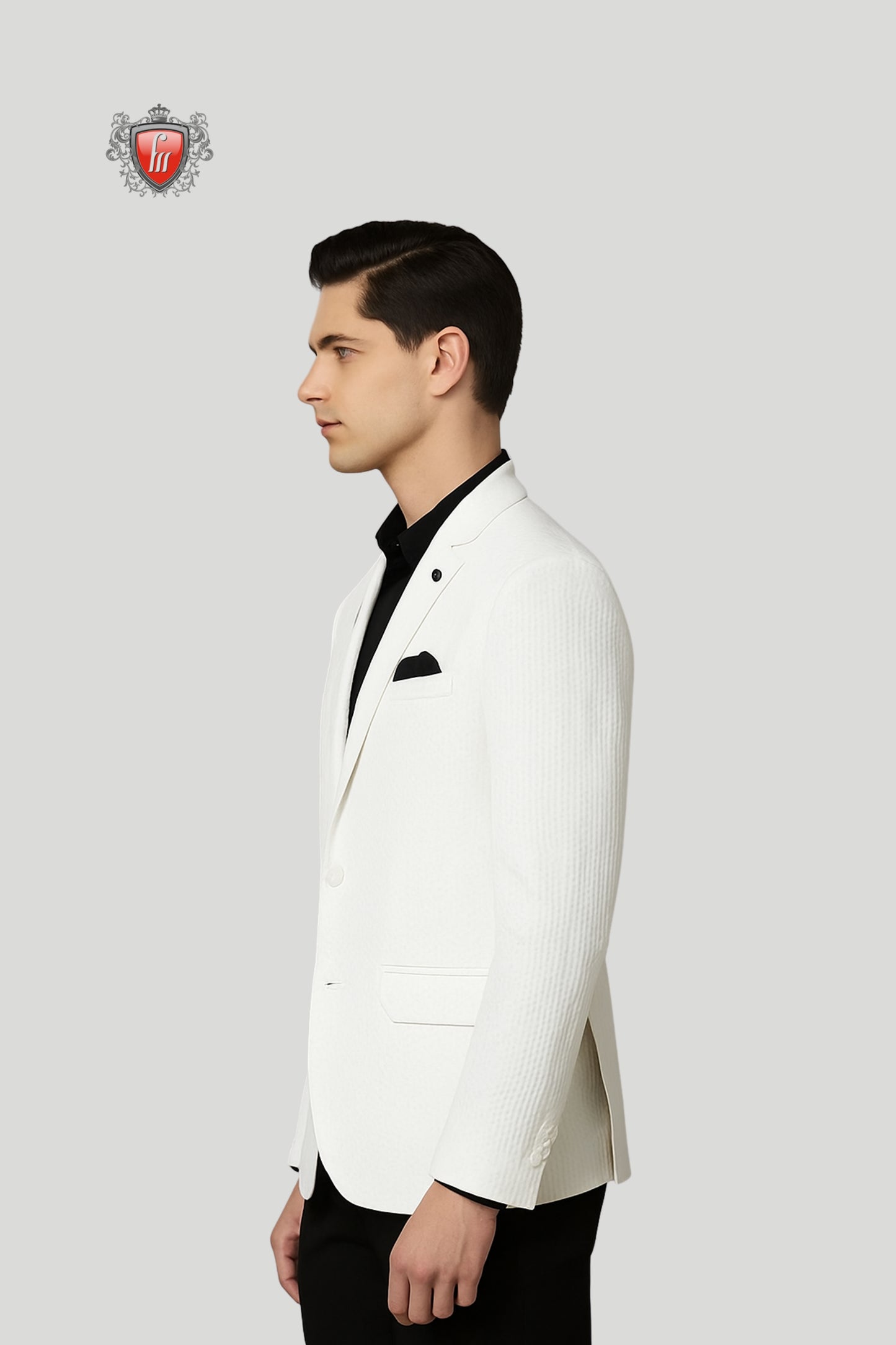 Men’s White Textured Blazer – Sharp Formalwear with Black Accents