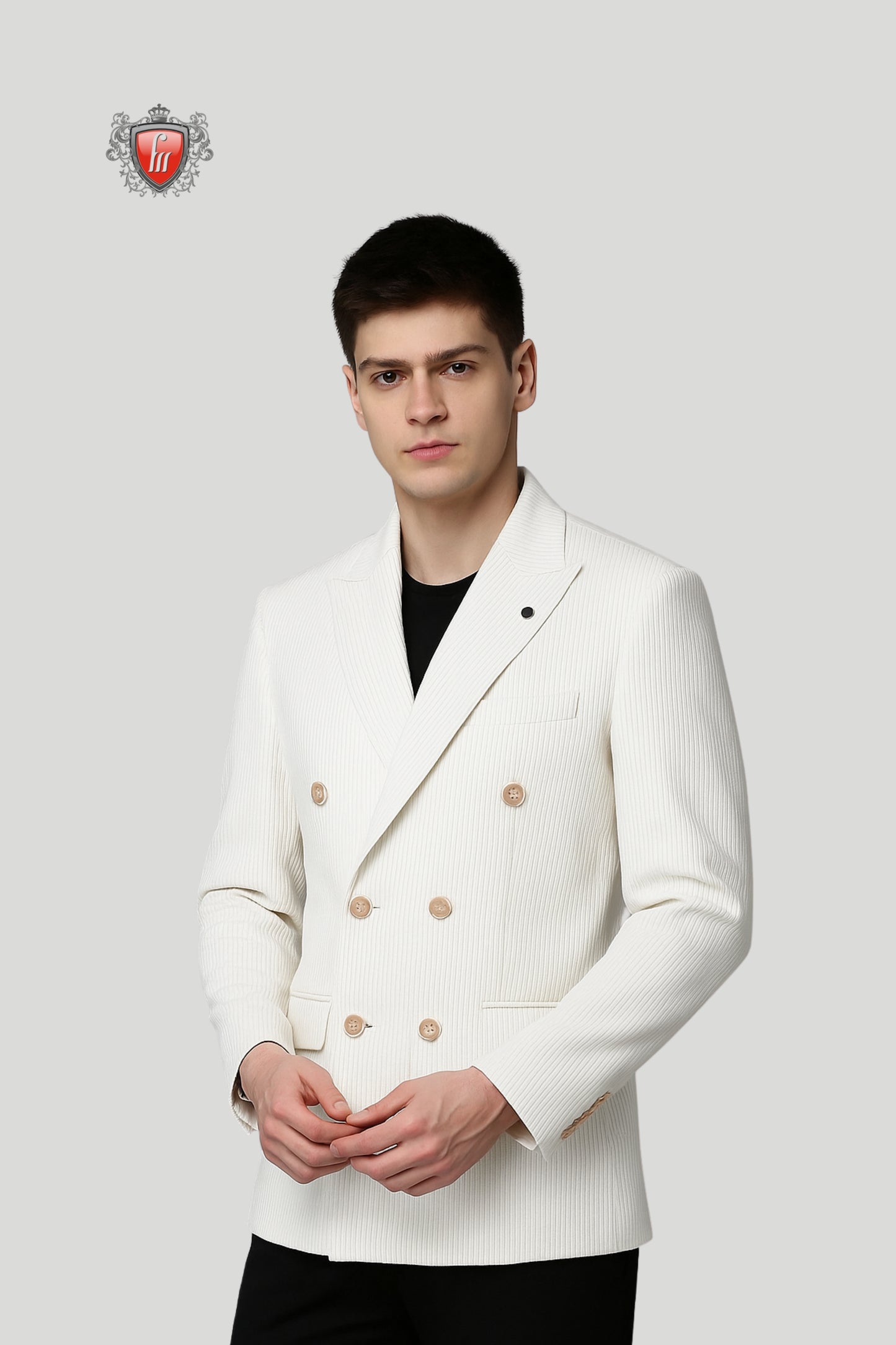 Men’s White Double-Breasted Textured Blazer – Modern Elegance with Classic Detailing