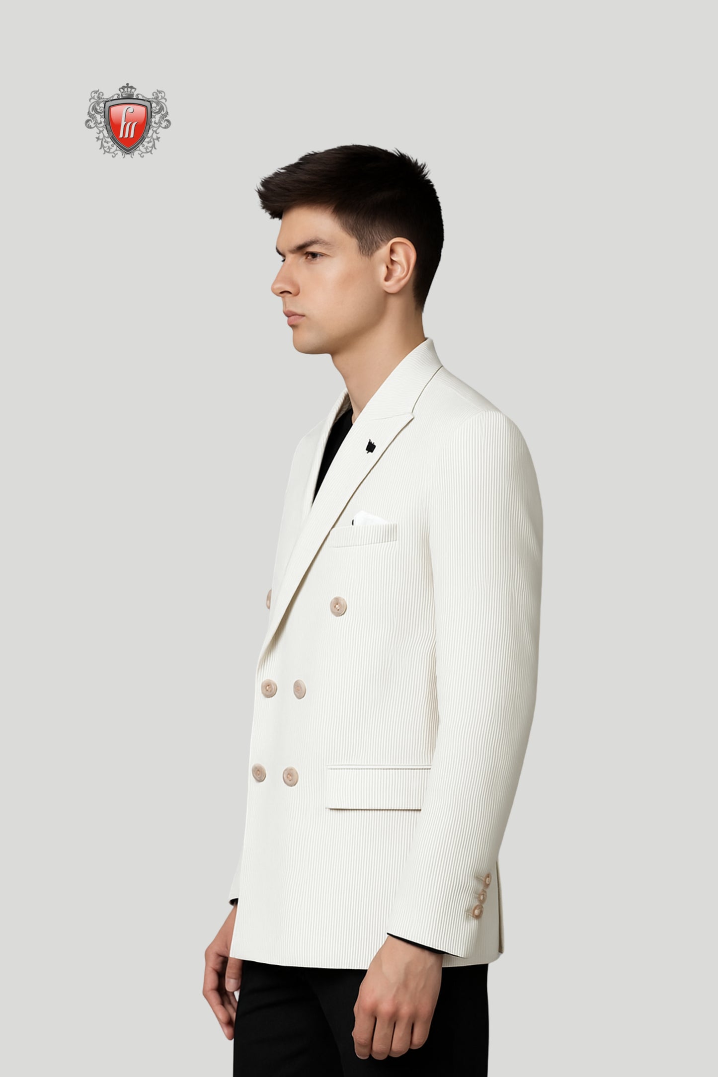 Men’s White Double-Breasted Textured Blazer – Modern Elegance with Classic Detailing