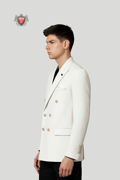Men’s White Double-Breasted Textured Blazer – Modern Elegance with Classic Detailing