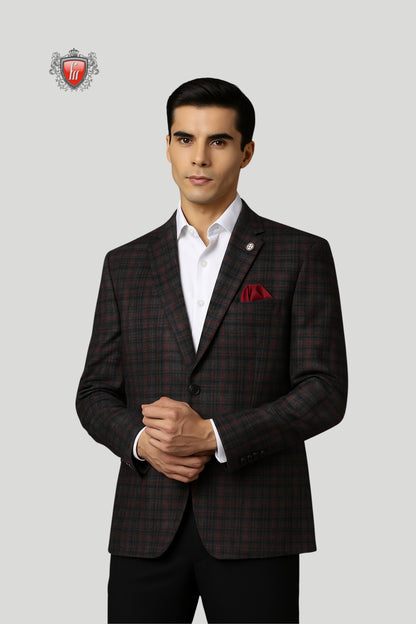 Men’s Dark Maroon & Black Checked Blazer – Refined Tailoring for Formal Charm