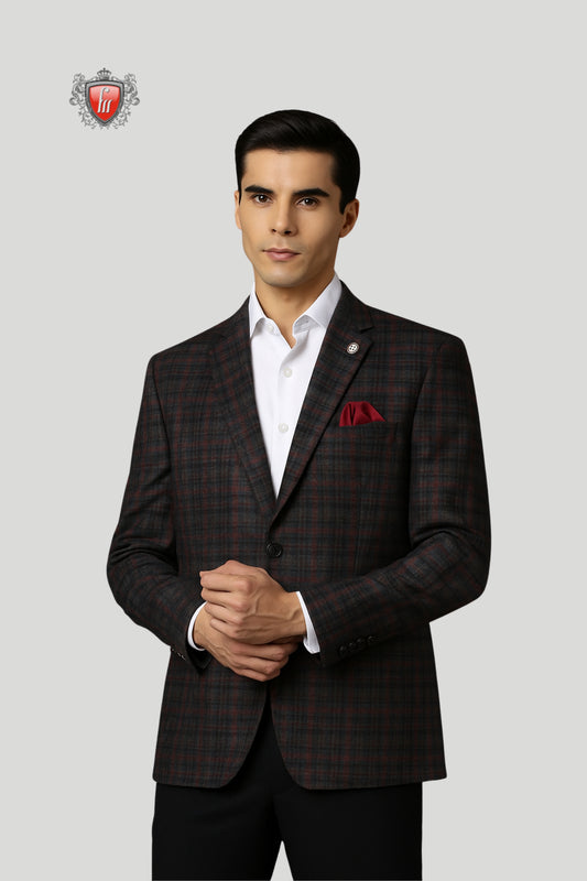 Men’s Dark Maroon & Black Checked Blazer – Refined Tailoring for Formal Charm