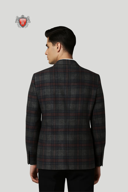 Men’s Dark Maroon & Black Checked Blazer – Refined Tailoring for Formal Charm