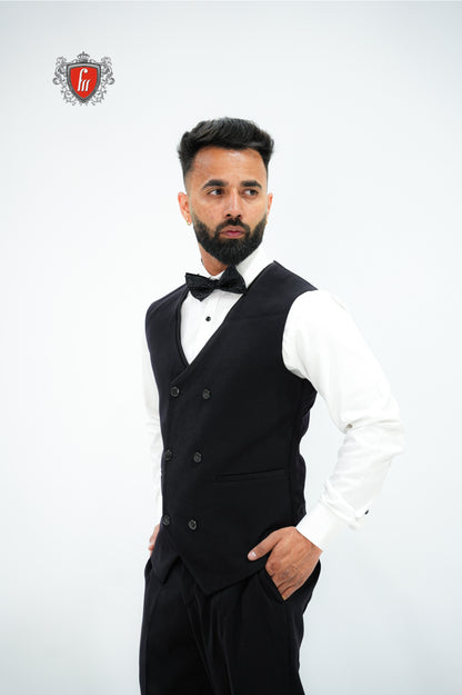 Men’s Black Tuxedo 3-Piece with Bold Bead-Worked Shoulder – Luxury Formalwear