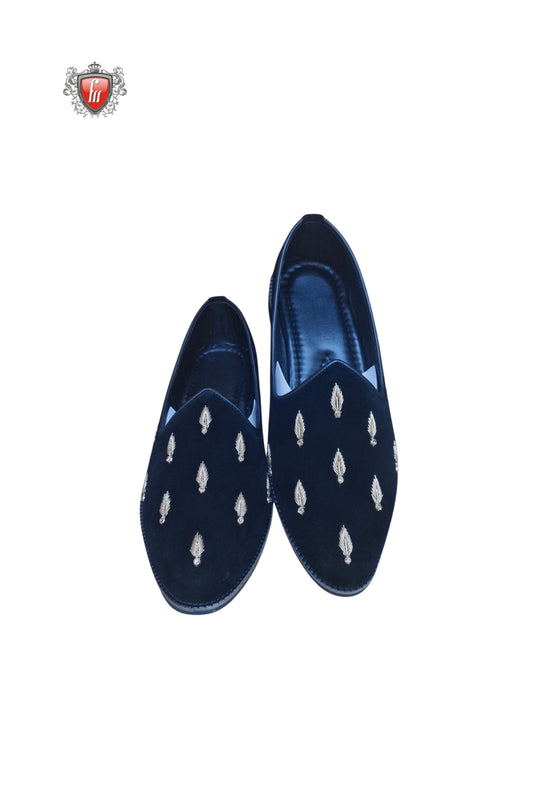 Navy Blue Velvet Jutti with Silver Feather Embroidery