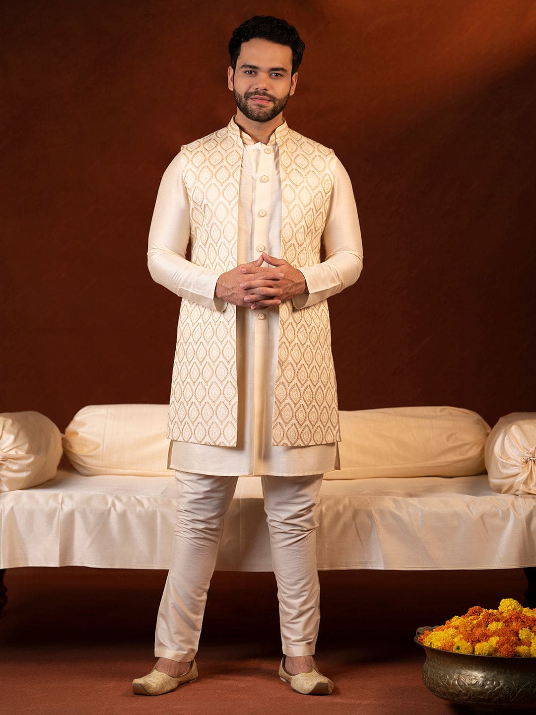 Cream Embroidered Long Jacket Kurta Set