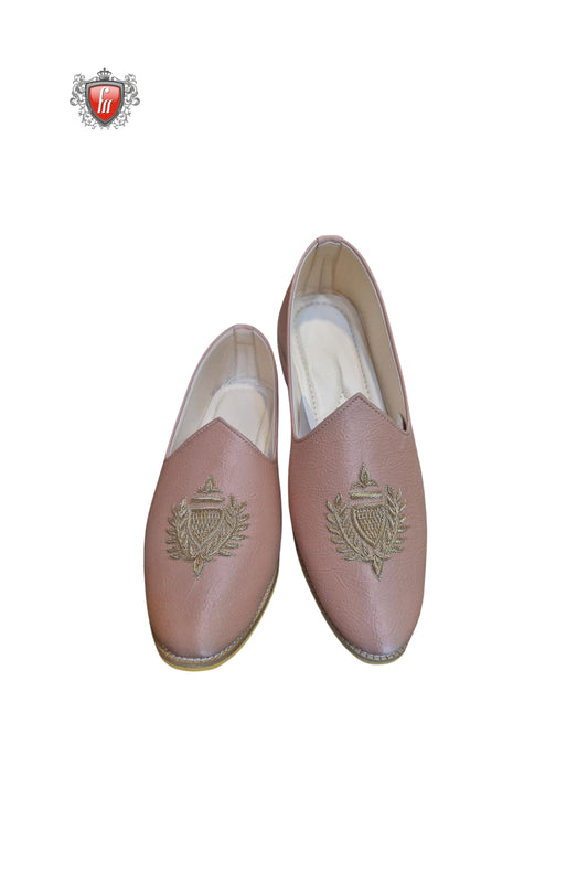 Dusty Rose Pink Leather Jutti with Golden Crest Embroidery
