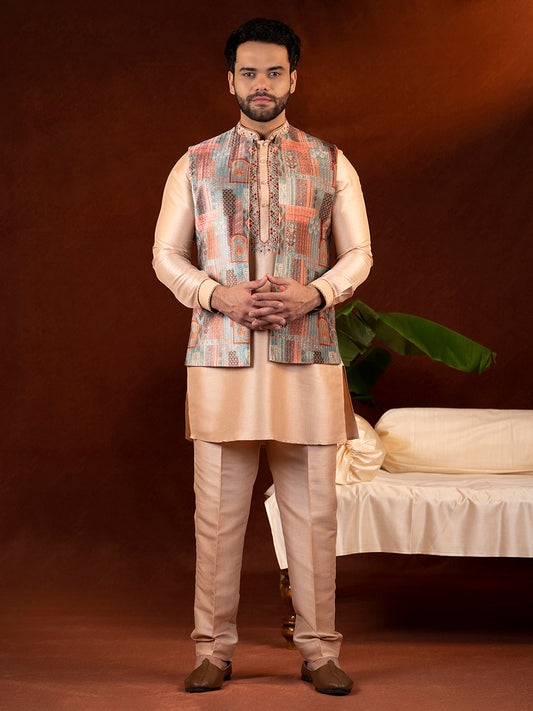 Champagne gold front open bundi with front embroidered kurta set