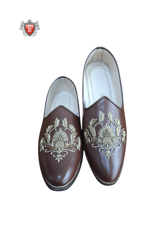Men’s Brown Ethnic Jutti with Golden Floral Embroidery – Handcrafted Festive Footwear