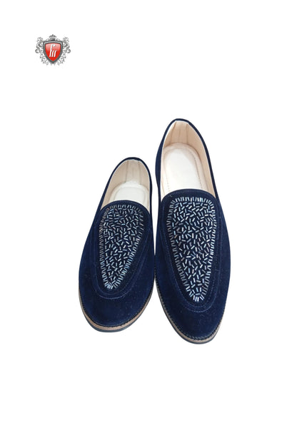 Navy Blue Velvet Jutti with Beadwork Detailing