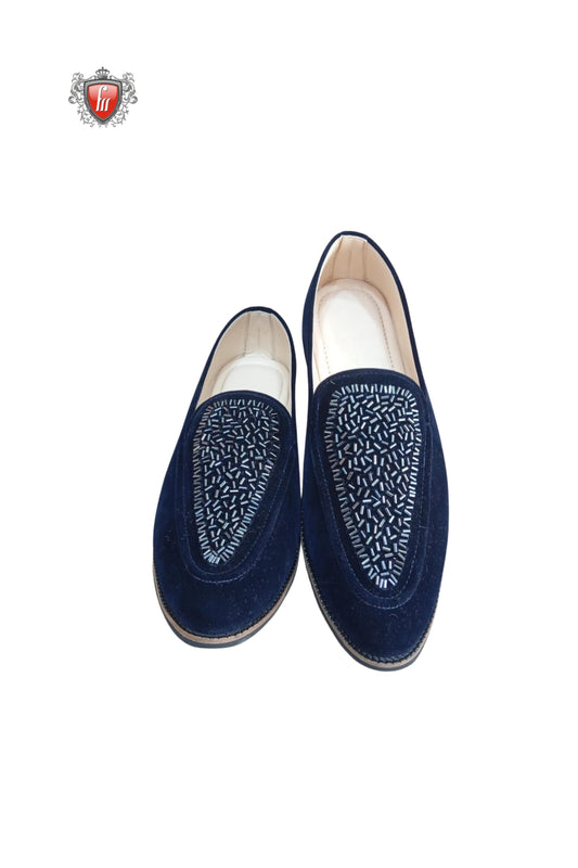 Navy Blue Velvet Jutti with Beadwork Detailing