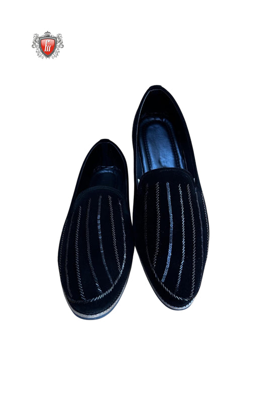 Men’s Black Velvet Ethnic Jutti with Sequin Stripes – Handcrafted Party Footwear