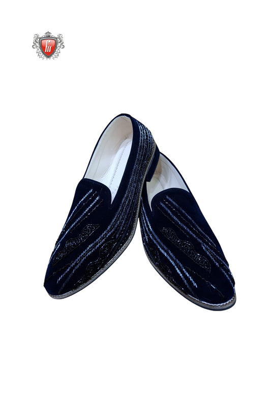 Navy Blue Velvet Jutti with Intricate Bead Embroidery