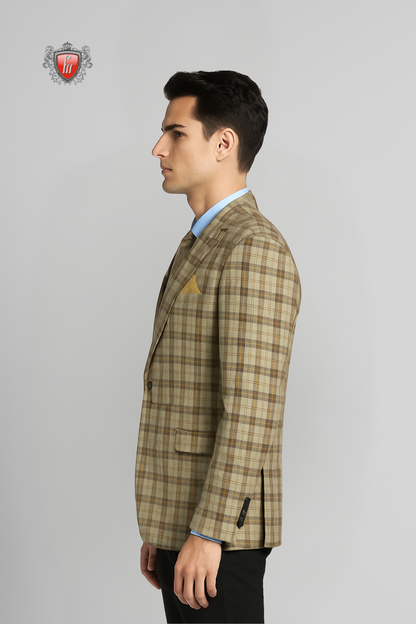 Men’s Heritage Camel Check Suit Jacket – Elegant Day & Evening Wear
