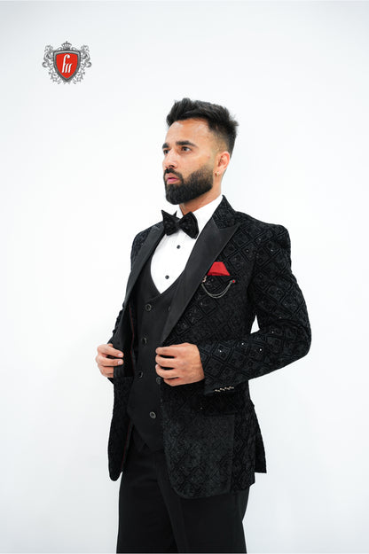 Men’s Black Velvet Tuxedo 3-Piece Suit with Pattern Detailing – Luxury Formal Wear