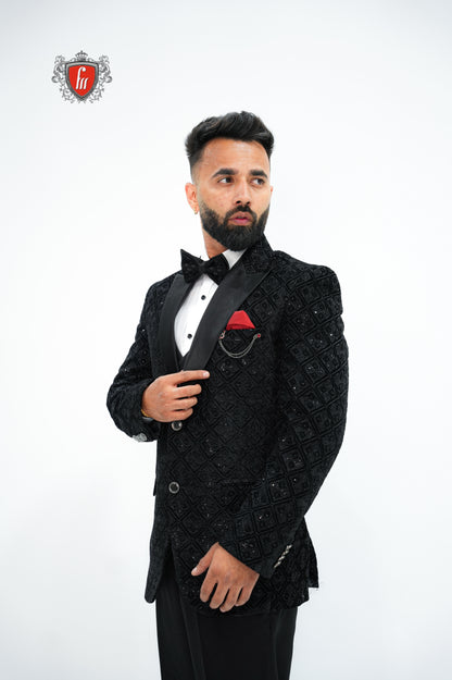 Men’s Black Velvet Tuxedo 3-Piece Suit with Pattern Detailing – Luxury Formal Wear