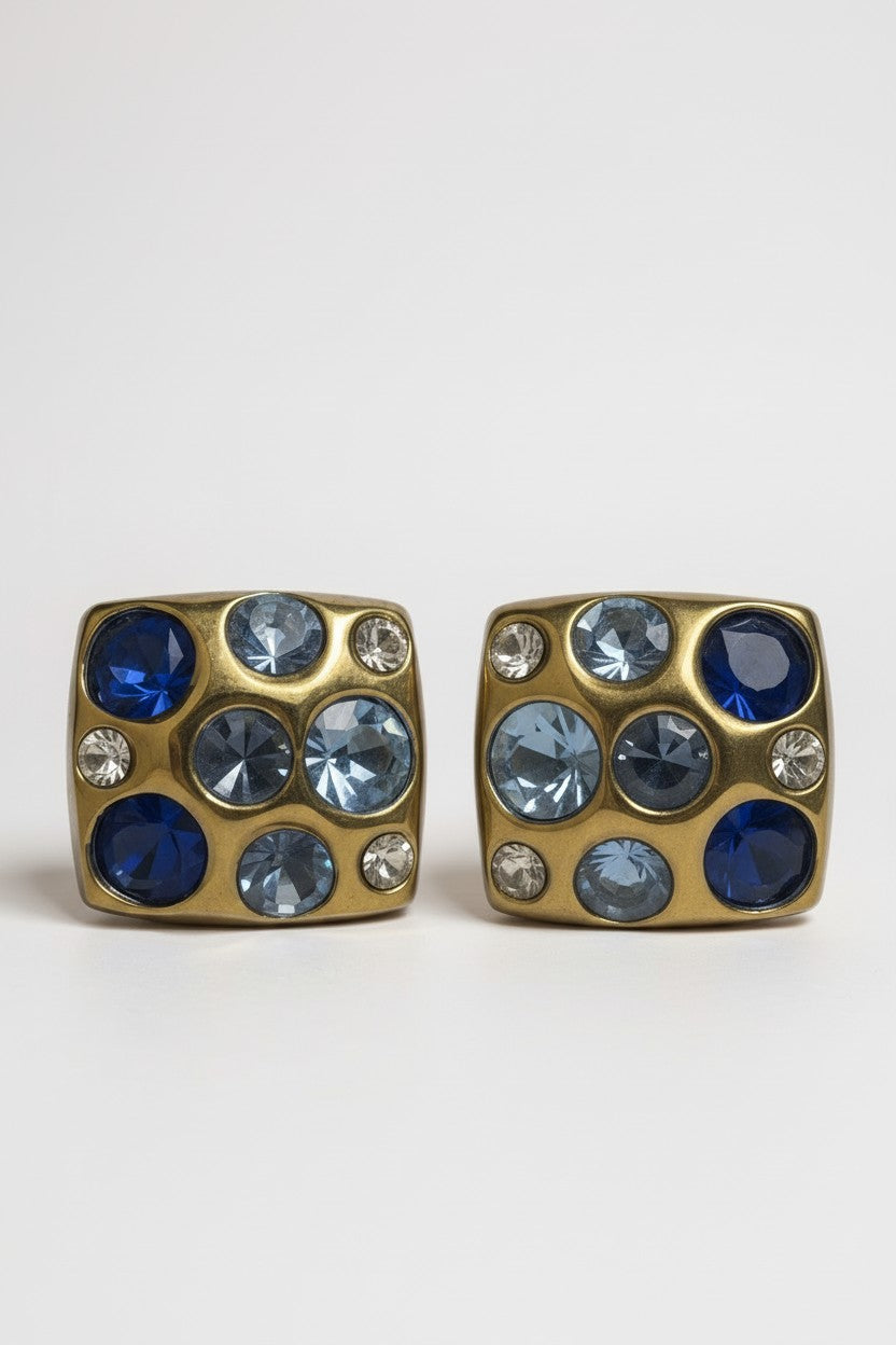 Gold Square Cufflinks with Blue & Clear Crystal Accents