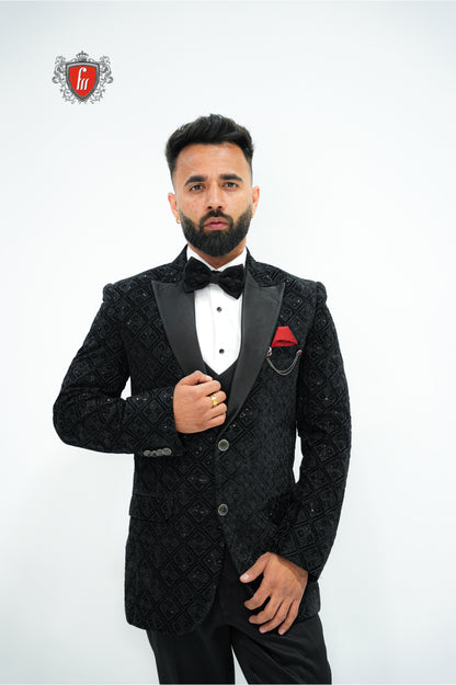 Men’s Black Velvet Tuxedo 3-Piece Suit with Pattern Detailing – Luxury Formal Wear