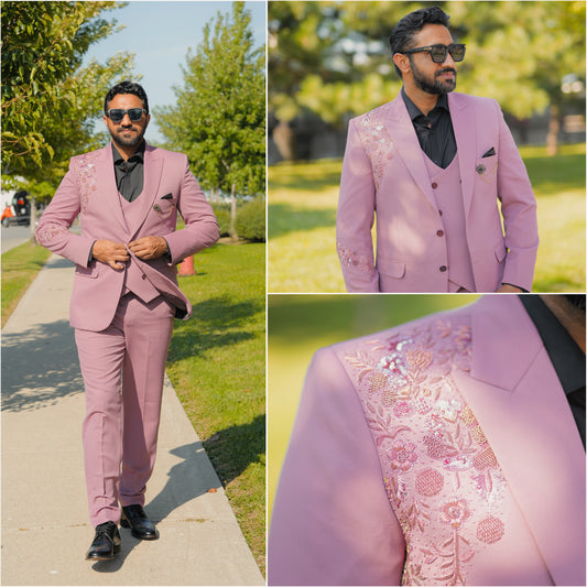 Men's Pink Embroidered 3-Piece Suit - Stylish Formal Attire for Special Occasions