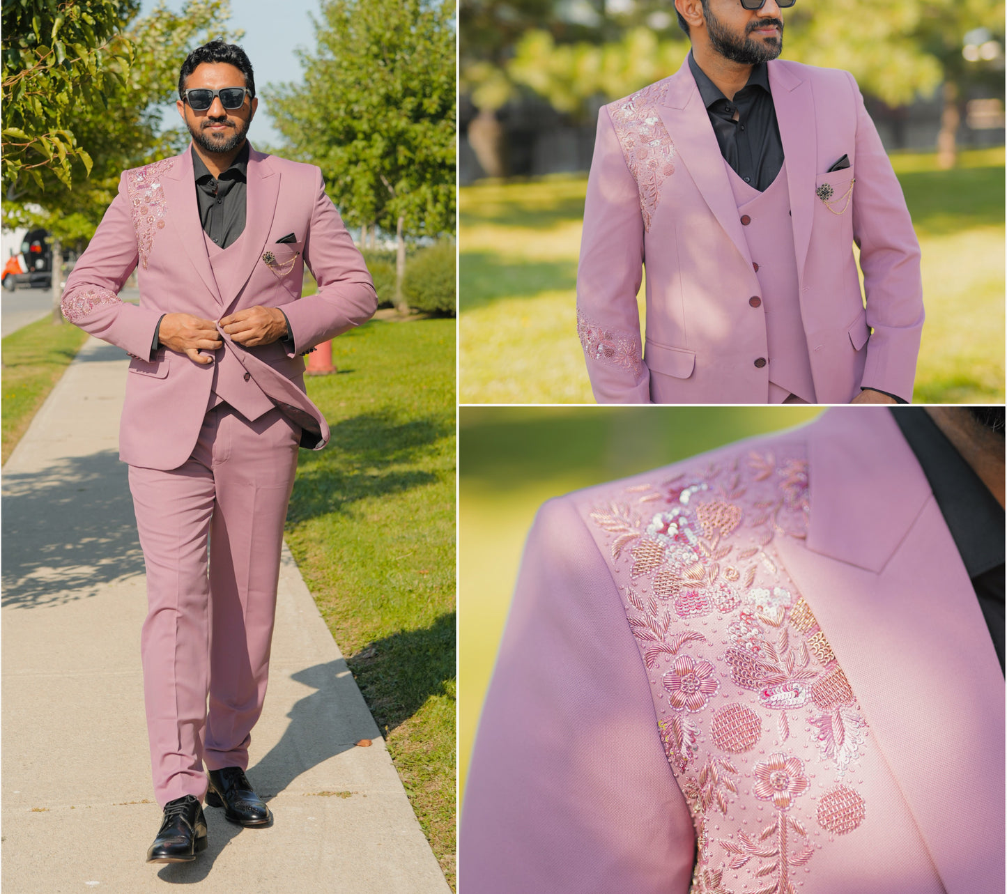 Men's Pink Embroidered 3-Piece Suit - Stylish Formal Attire for Special Occasions